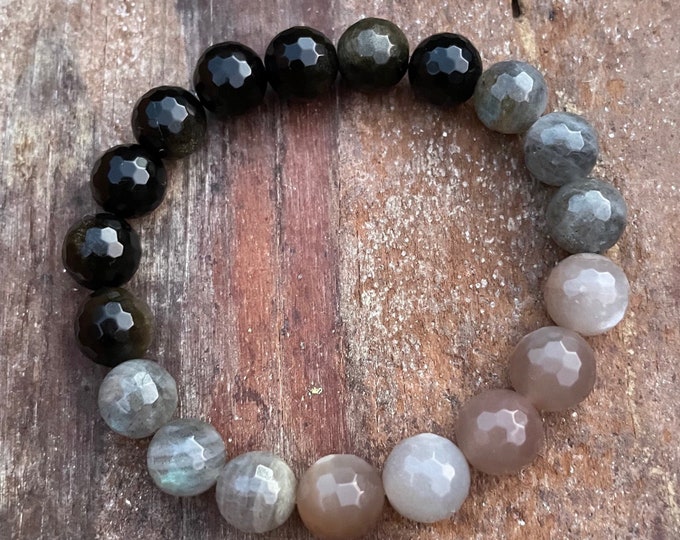 Chunky Half Moon Bracelet | Golden Rainbow Obsidian, Labradorite, + Grey Moonstone | 10 mm | Spiritual Junkies | Yoga | Mala Beads