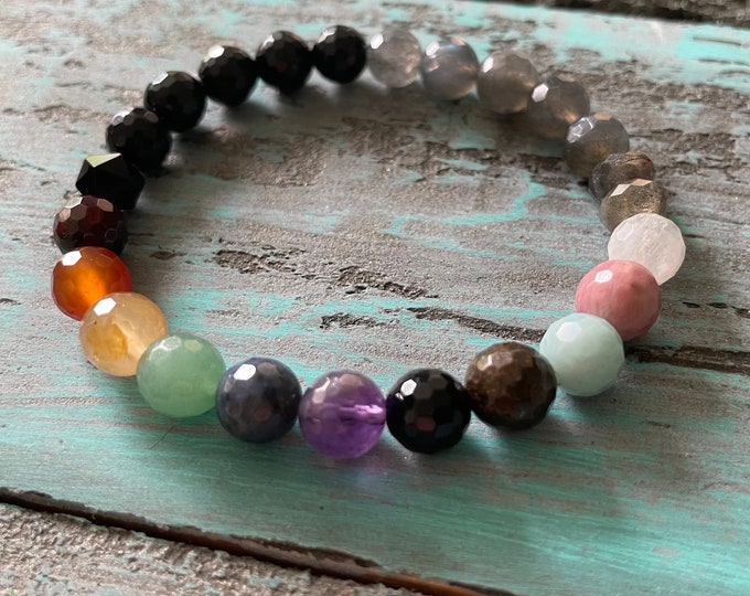 Pride Bracelet | Onyx, Labradorite + Pride Flag Gemstones | LGBTQIA2S+ | Ally | Spiritual Junkies | Yoga | Mala Beads