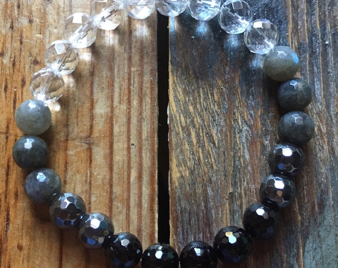 New Moon Manifesting Bracelet | Onyx, Tourmaline, Hematite, Labradorite + Quartz Crystal Ombré | 8 mm | Spiritual Junkies