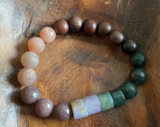 Cultivate Bracelet | Chunky Natural Wood, Sunstone, Moonstone, Purple Aventurine, Indian Agate + Moss Agate | 10 mm | Spiritual Junkies