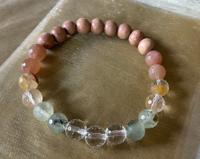 Exhilaration Bracelet | Pink Rosewood, Sunstone, Citrine, Prehnite + Quartz Crystal | 8 mm | Spiritual Junkies | Yoga | Mala Beads