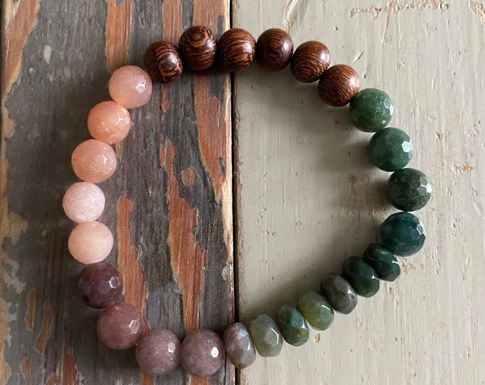 Little Cultivate Bracelet | Natural Wood, Sunstone, Purple Aventurine, Indian Agate + Moss Agate | 8 mm | Spiritual Junkies