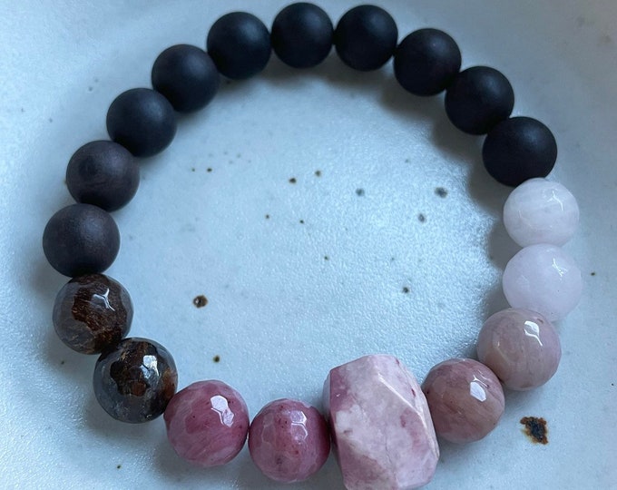 Rosy Bracelet | Chunky Ebony Wood, Bronzite, Rhodonite, + Rose Quartz | 10 mm | Spiritual Junkies | Yoga + Meditation | Mala Bracelet