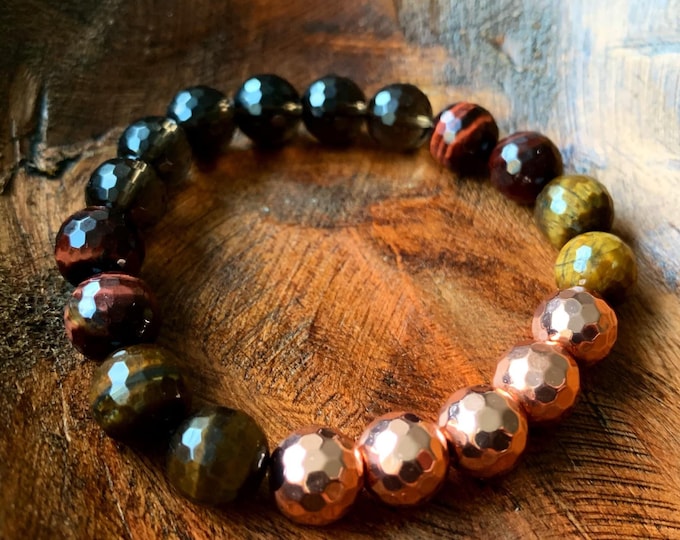 Summer Sunset Bracelet | Chunky Smoky Quartz, Red Tiger Eye, Tiger Eye + Rose Gold Hematite | 10 mm | Spiritual Junkies | Yoga Jewelry