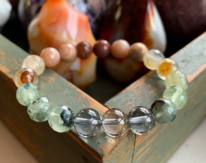 Jubilation Bracelet | Chunky Moonstone, Sunstone, Citrine, Prehnite + Silver Quartz | Spiritual Junkies | Yoga | Mala Beads