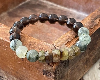 Earth Goddess Bracelet | Chunky Smoky Quartz,  Prehnite, + Green Garnet | 10 mm | Spiritual Junkies | Yoga + Meditation | Mala Beads