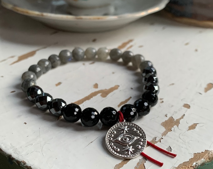 Evil Eye Bracelet | Labradorite, Hematite, Onyx + Sterling Silver Evil Eye | Protection | 8 mm | Spiritual Junkies | Yoga Mala Beads