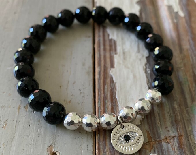 Sanctuary Bracelet | Onyx, Hematite, + Evil Eye Bracelet | Pave Cubic Zirconia | 8 mm | Spiritual Junkies | Yoga Mala Beads