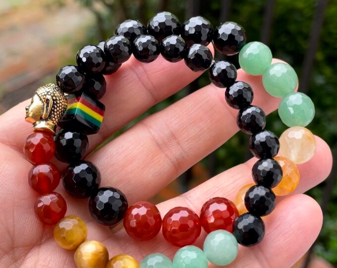 Rasta Bracelet | Onyx, Carnelian, Golden Tiger Eye, Citrine + Aventurine | Choice of 8 or 10 mm | Spiritual Junkies | Yoga | Mala Beads