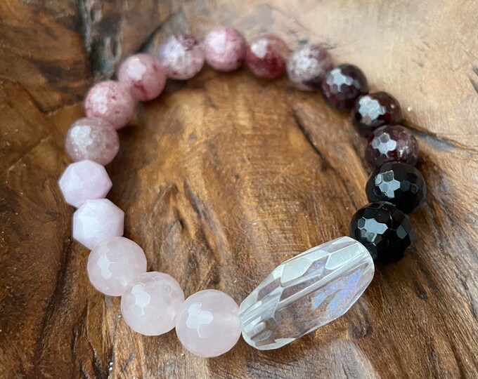 Worthy Bracelet | Chunky Tourmaline, Garnet, Strawberry Quartz, Kunzite, Rose Quartz, + Aura Quartz | 10 mm | Spiritual Junkies | Yoga