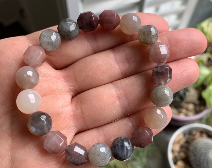 Repose Bracelet | Chunky Labradorite, Grey Moonstone, + Raspberry Quartz | 10 mm | Spiritual Junkies | Yoga + Meditation | Mala Beads
