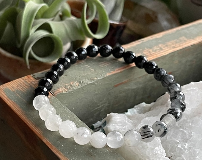 Mini Yin to my Yang Bracelet | Black Tourmaline + Tourmalated Quartz | 6 mm | Spiritual Junkies | Yoga + Meditation | Stackable Mala Beads