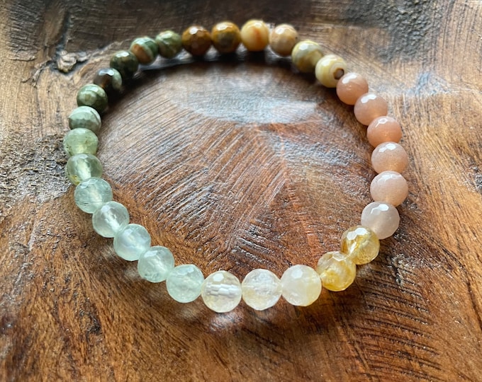 Mini Summer Solstice 2023 Bracelet | Crazy Lace Agate, Rhyolite Jasper, Prehnite, Citrine + Sunstone | 6 mm | Spiritual Junkies