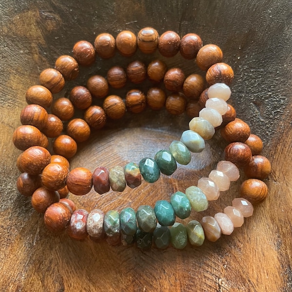 Willow Bracelet | Natural Wood, Sunstone, Moss Agate, Indian Agate + Ocean Jasper | 8 mm | Spiritual Junkies | Yoga Jewelry