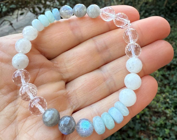 Clear Channel Bracelet | Quartz Crystal, Labradorite, Moonstone, + Aquamarine | 8 mm | Spiritual Junkies | Mala Beads