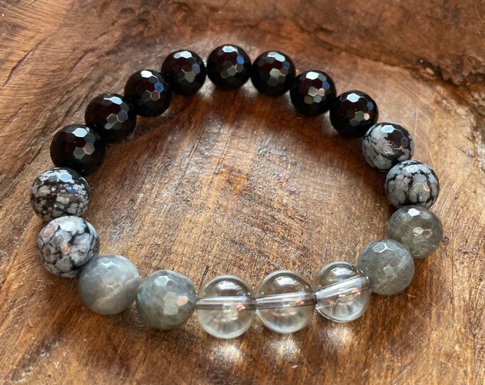 Chunky Moon Shadow Bracelet | Shadow Work Support | Onyx, Snowflake Obsidian, Labradorite, + Silver Quartz  | Spiritual Junkies | Yoga Mala