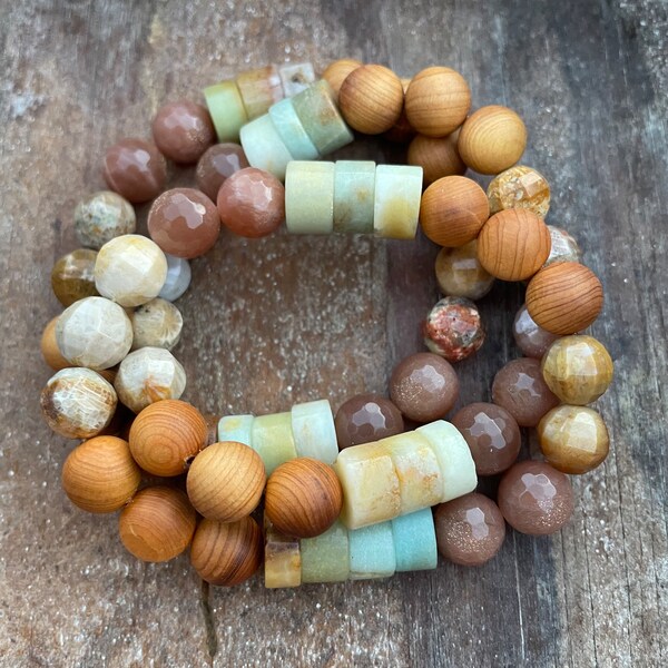 Tidal Pool Bracelet | Chunky Sandalwood, Fossil Agate, Sunstone + Amazonite | 10 mm | Spiritual Junkies | Yoga Jewelry | Mala Beads