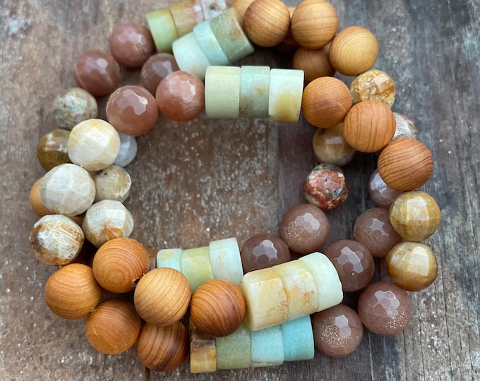 Tidal Pool Bracelet | Chunky Sandalwood, Fossil Agate, Sunstone + Amazonite | 10 mm | Spiritual Junkies | Yoga Jewelry | Mala Beads