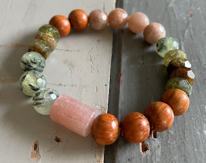 Nature Spirit Bracelet | Chunky Natural Wood, Prehnite, Green Garnet + Sunstone | 10 mm | Spiritual Junkies | Yoga + Meditation | Mala Beads