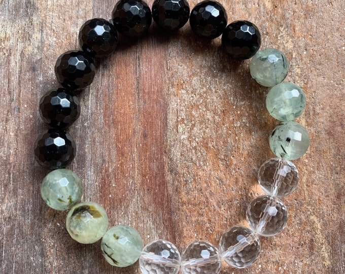 Chunky Divine Warrior Bracelet | Black Tourmaline, Prehnite + Quartz Crystal | 10 mm | Spiritual Junkies | Yoga Mala Beads