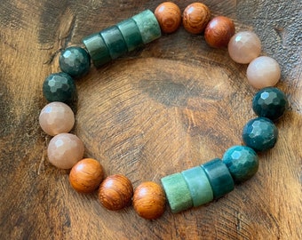 Summer Garden Bracelet | Chunky Natural Wood, Sunstone, + Moss Agate | 10 mm |Spiritual Junkies | Yoga | Mala Beads