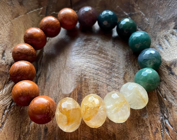 Bountiful Bracelet | Super Chunky Natural Wood, Indian Agate, Moss Agate + Citrine | 12 mm | Spiritual Junkies