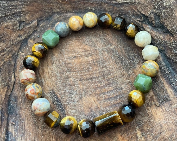 Little Serendipity Bracelet | Tiger Eye, Crazy Lace Agate, + Olive Jade | 8 mm | Spiritual Junkies | Yoga | Mala Beads