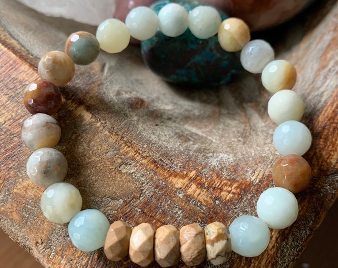 Amazonite + Picture Jasper Rondelles Bracelet | Avg 8 mm | Spiritual Junkies | Yoga + Meditation | Stackable Mala Bracelet