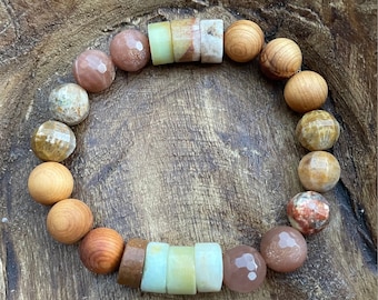 Tidal Pool Bracelet | Chunky Sandalwood, Fossil Agate, Sunstone + Amazonite | 10 mm | Spiritual Junkies | Yoga Jewelry | Mala Beads