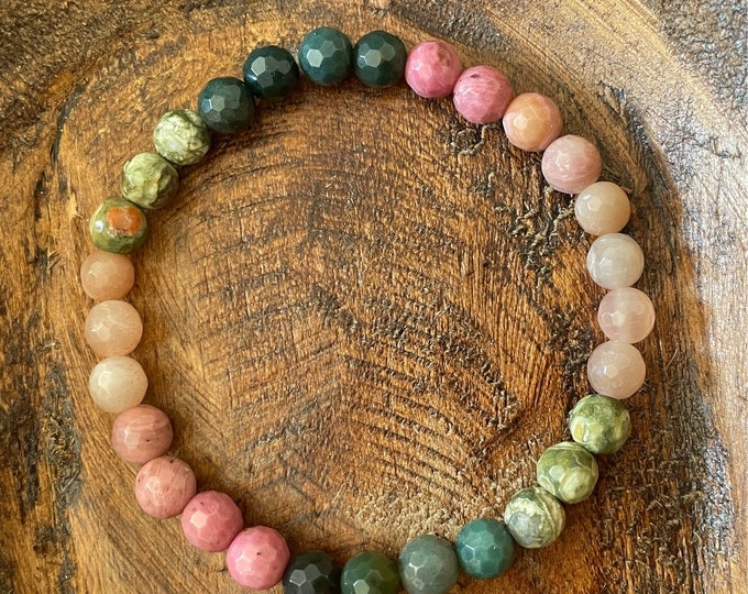 Mini Heart Elixir Bracelet | Moss Agate, Rhyolite Jasper, Grey Moonstone, Sunstone + Rhodonite | 6 mm | Spiritual Junkies | Yoga