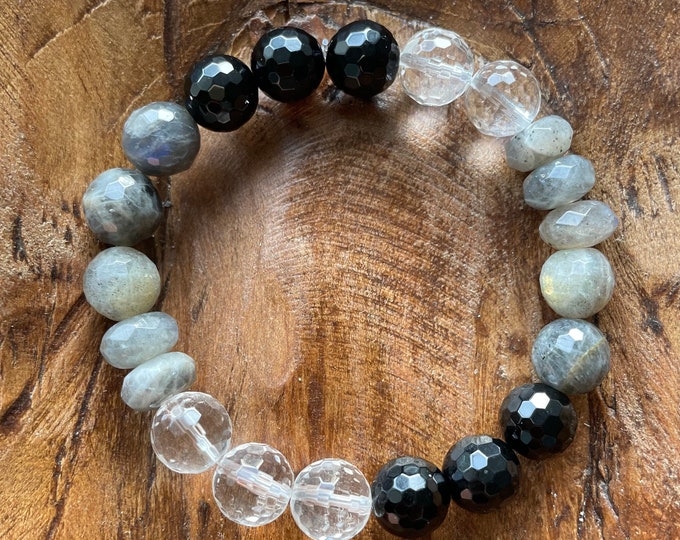 The Manifestor Chunky Bracelet | Onyx, Labradorite, + Quartz | 10 mm | Spiritual Junkies | Yoga | Mala Beads