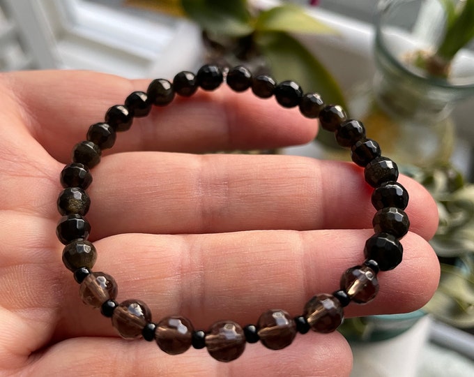 Mini Grief Support Bracelet | Golden Rainbow Obsidian + Smoky Quartz | 6 mm | Spiritual Junkies | Yoga | Mala Beads