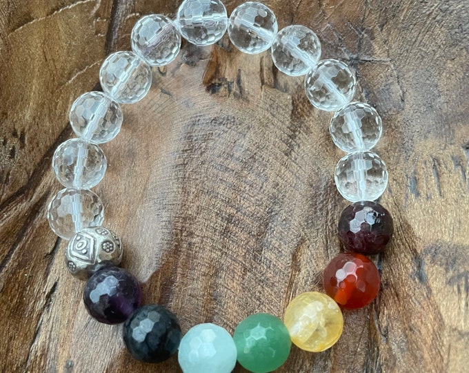 Chunky Quartz Crystal, Chakra Gemtones + Sterling Silver Evil Eye | 10 mm | Spiritual Junkies | Yoga + Meditation | Stackable