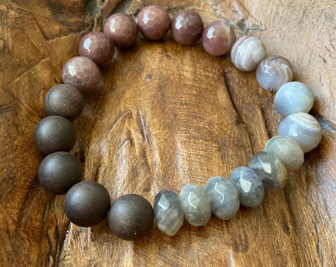 Soothe Bracelet | Chunky Matte Ebony Wood, Botswana Agate, Purple Aventurine + Labradorite | 10 mm | Spiritual Junkies