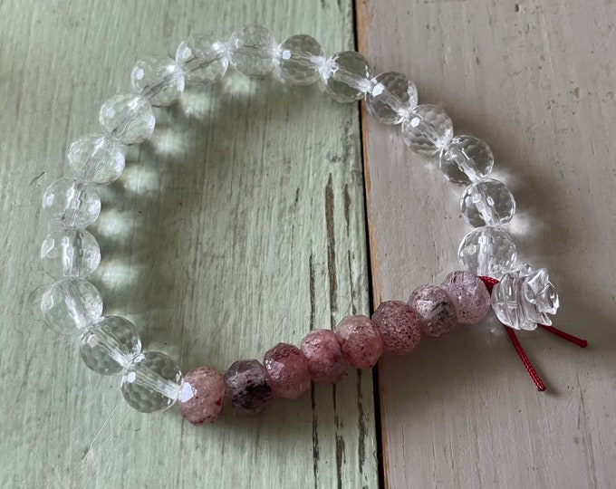 Love You Berry Much Bracelet | Quartz Crystal, Strawberry Quartz + Quartz Rose | 8 mm | Spiritual Junkies | Yoga | Mala Beads