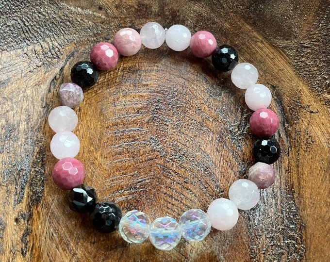 Inner Child Healing Bracelet | Tourmaline, Rhodonite, Rose Quartz, + Rainbow Aura Quartz | 8 mm | Spiritual Junkies | Yoga