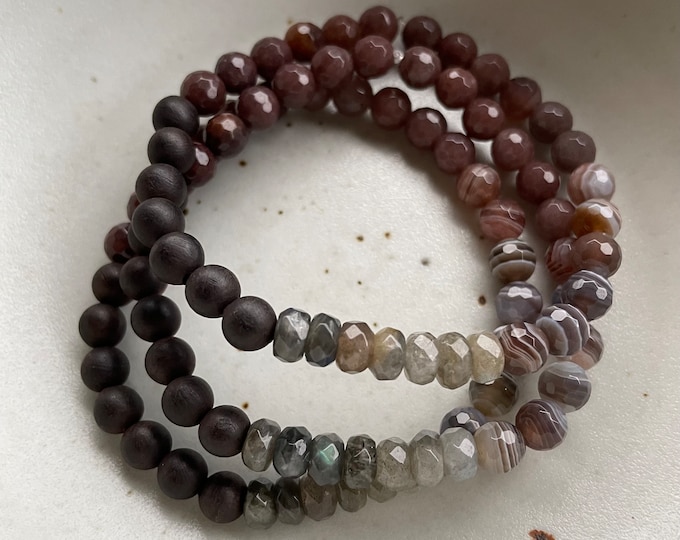Mini Soothe Bracelet | Matte Ebony Wood, Botswana Agate, Purple Aventurine + Labradorite | 6 mm | Spiritual Junkies