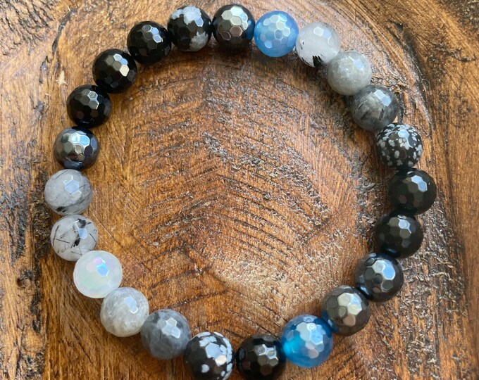 Energy Vampire Protection II Bracelet | Onyx, Obsidian, Quartz, Labradorite, Hematite, + Mystic Agate | 8 mm | Spiritual Junkies