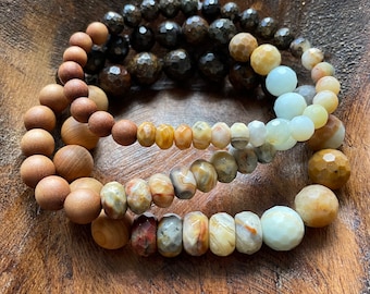 Courageous Spirit Bracelet | Bronzite, Sandalwood, Crazy Lace Agate, + Amazonite | 6 mm, 8 mm + 10 mm | Spiritual Junkies | Mala