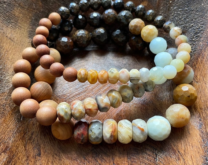 Courageous Spirit Bracelet | Bronzite, Sandalwood, Crazy Lace Agate, + Amazonite | 6 mm, 8 mm + 10 mm | Spiritual Junkies | Mala
