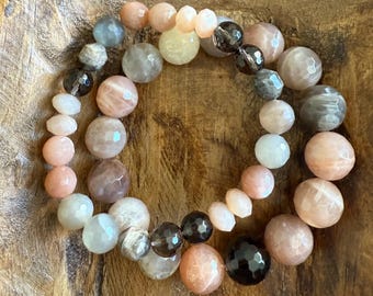 Over the Moon Bracelet | Grey Moonstone, Chocolate Sunstone, Sunstone + Smoky Quartz | 8 mm + 12 mm | Spiritual Junkies | Mala Beads