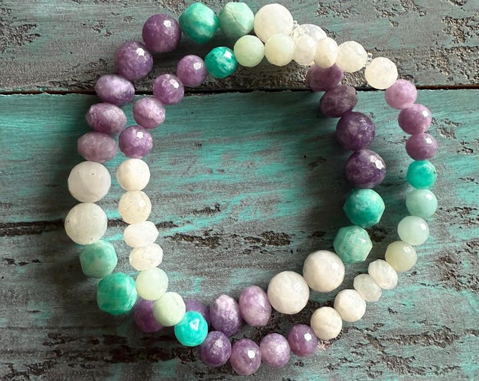 Hunny Bunny Bracelet | Rainbow Moonstone, Lepidolite, + Amazonite | 8 mm | Spiritual Junkies