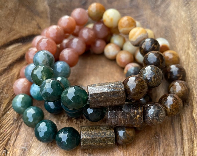 Sunbeam Bracelet | Chunky Moss Agate, Golden Sunstone, Earthy Amazonite, + Bronzite | 10 mm | Spiritual Junkies | Yoga