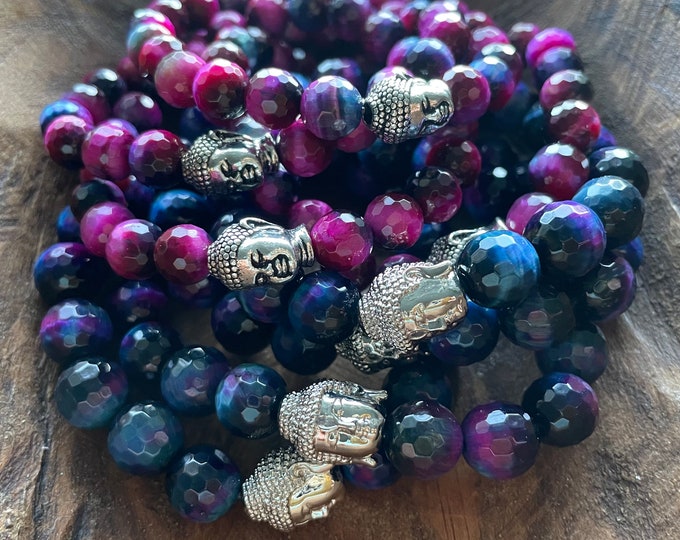 Galaxy Bracelet | Faceted Galaxy Tiger Eye + Buddha | Pink 8 mm or Blue 10 mm | Color Enhanced | Spiritual Junkies | Mala Beads