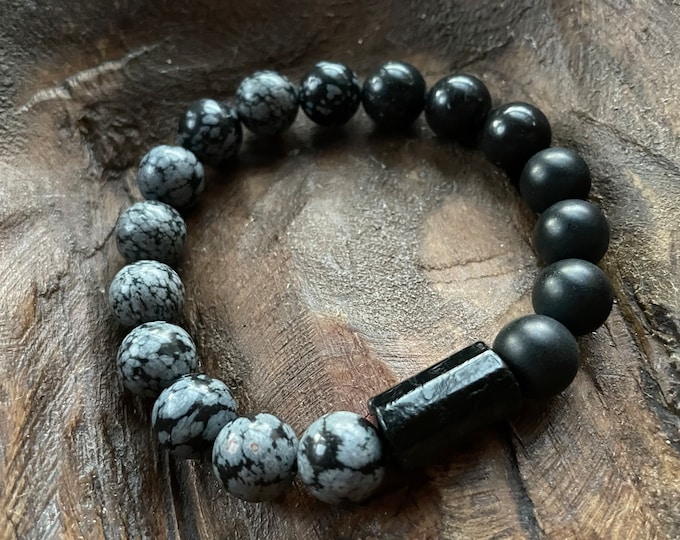 Shadow Armor Bracelet | Chunky Snowflake Obsidian, Matte Onyx + Tourmaline | 10 mm | Spiritual Junkies