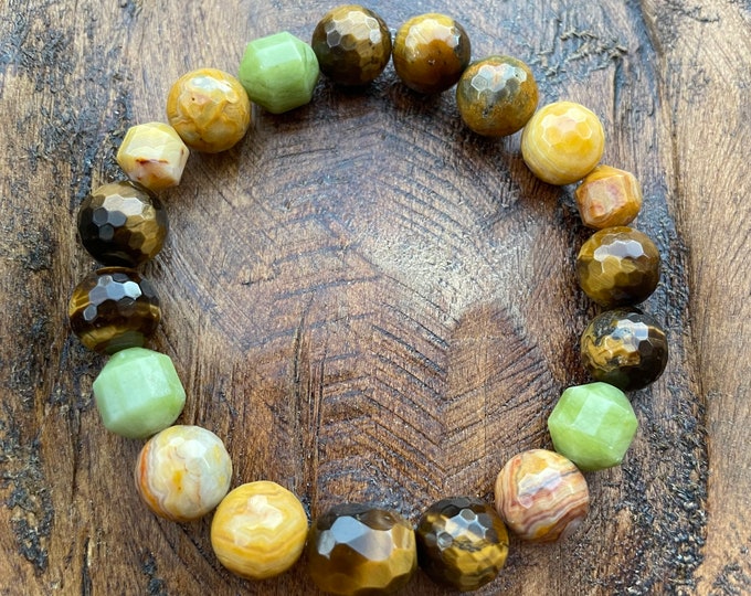 Serendipity Bracelet | Tiger Eye, Crazy Lace Agate, + Olive Jade | 10 mm | Spiritual Junkies | Yoga | Mala Beads