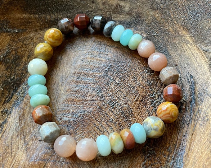 Overjoyed Bracelet | Flower Fossil Jasper, Crazy Lace Agate, Sunstone + Amazonite | 8 mm | Spiritual Junkies | Yoga Mala