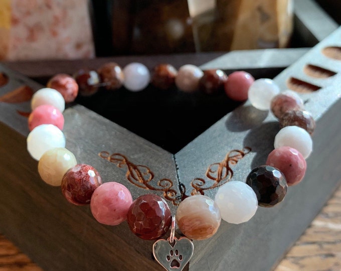 Healing Heart Paw Bracelet | Red Jasper, Moonstone, Rhodonite, Crazy Lace Agate + Sterling Silver Paw | Spiritual Junkies