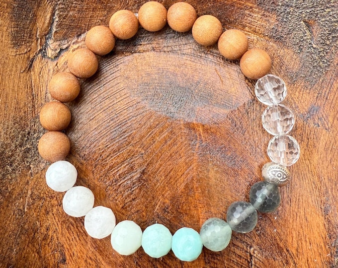 Safe + Sound Bracelet | Sandalwood, Moonstone, Amazonite, Fluorite, Sterling Silver + Quartz Crystal | 8 mm | Spiritual Junkies