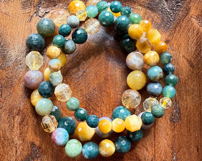 Green Witch II Bracelet | Moss Agate, Citrine, Indian Agate + Golden Tiger Eye | 6 mm, 8 mm + 10 mm | Spiritual Junkies | Yoga